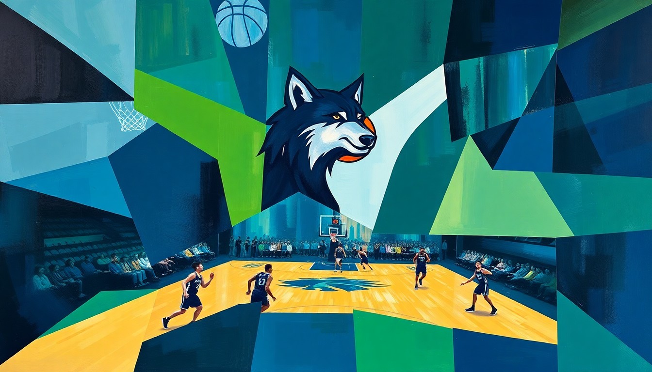 A fractured, cubist-style painting depicting a Timberwolves basketball game, with players and the court broken down into sharp, overlapping geometric shapes in shades of dark blue, light blue, and green, capturing the dynamic energy and movement of the sport.