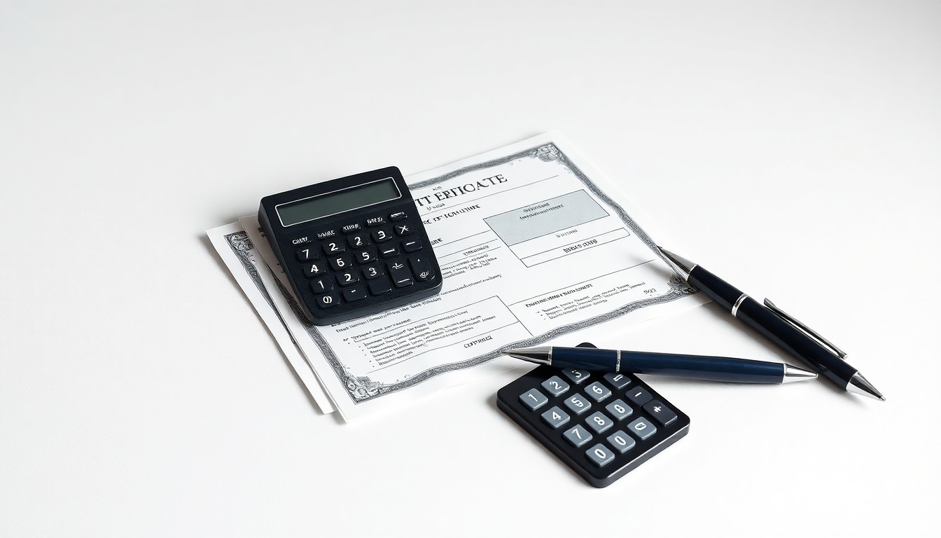 A high-end, photorealistic studio still-life photograph featuring a stack of stock certificates, a calculator, and a pen arranged elegantly on a clean, monochromatic background, conceptually representing the abstract corporate finance and strategy behind REX American Resources.