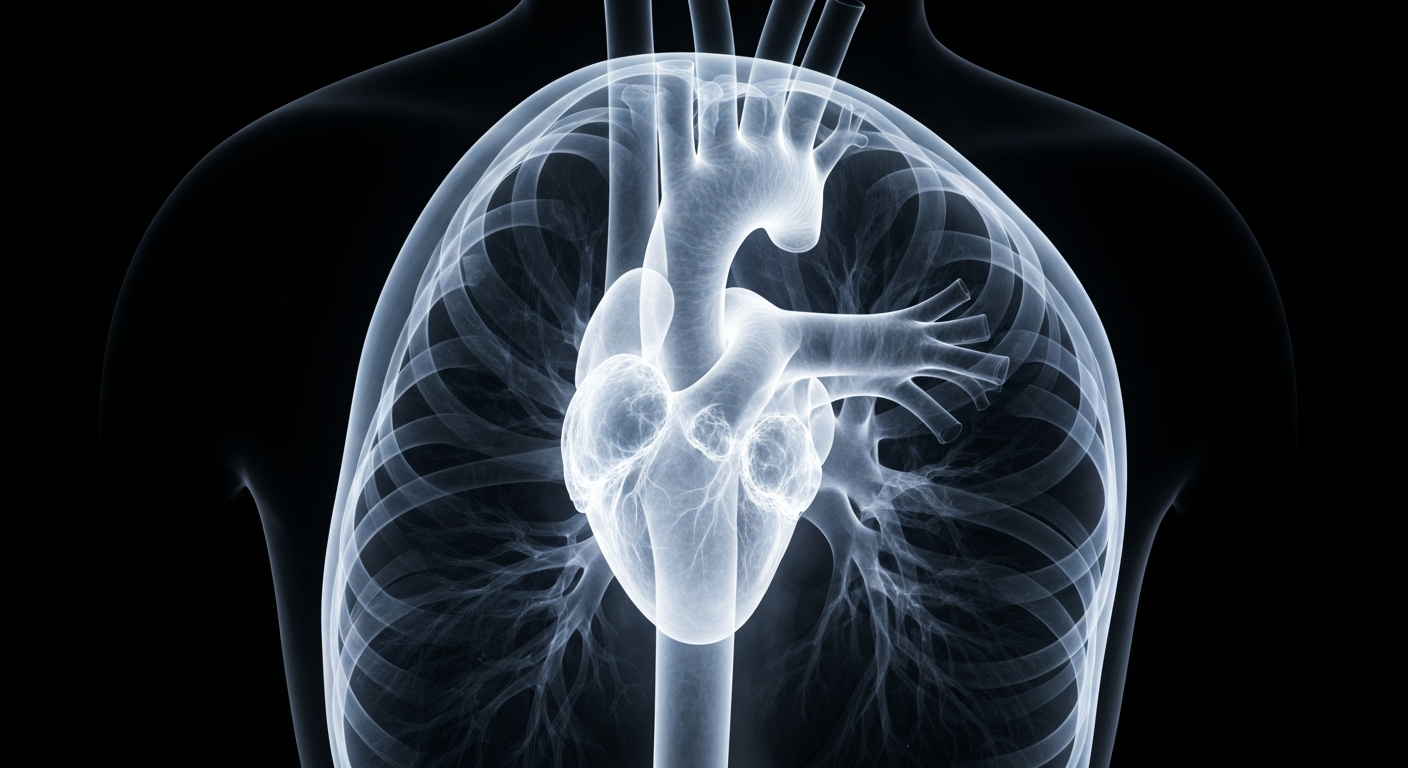 A ghostly, translucent X-ray photograph showing the internal structures of a human heart and lungs, glowing with an ethereal, neon-like energy against a dark background, conceptually representing the dangers of powerful synthetic opioids.