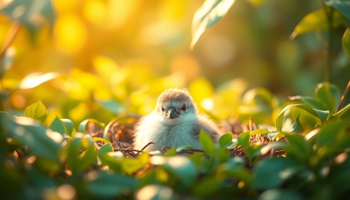 An extremely abstracted, out-of-focus photograph of a baby bird nestled in a bed of green leaves, with soft, warm pools of light and color creating a dreamlike, atmospheric scene.