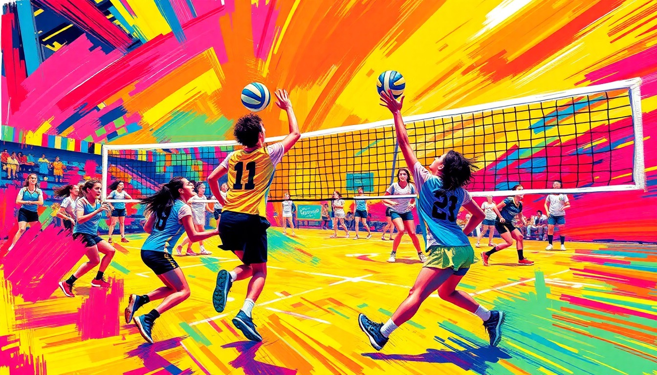 An abstract, textured painting in bright neon colors, capturing the dynamic energy and movement of a high school volleyball game through bold, sweeping brushstrokes.