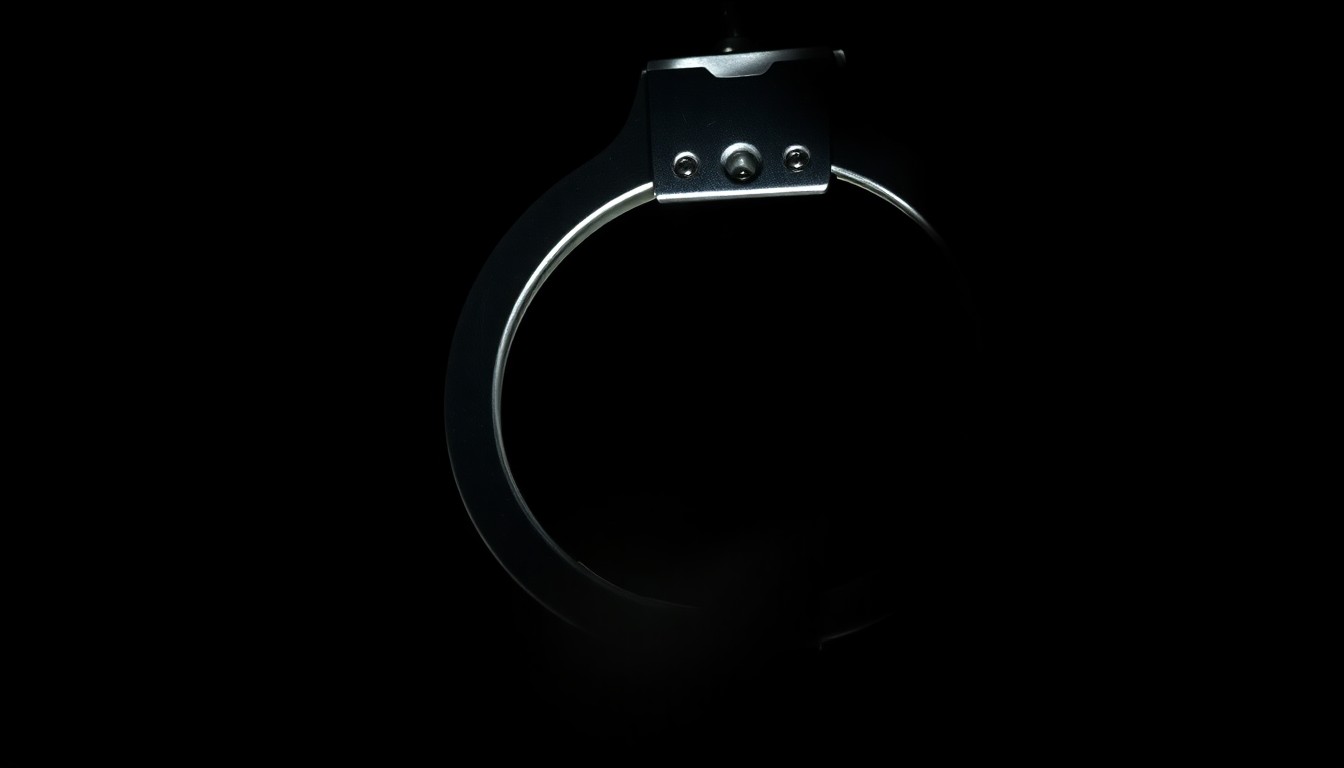 An extreme close-up photograph of a metal handcuff against a pitch-black background, conceptually illustrating the arrest of a suspected criminal immigrant.