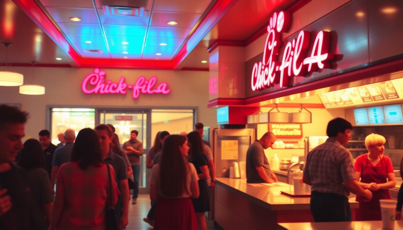 A soft, abstract photograph of a busy Chick-fil-A restaurant scene, with blurred figures of customers and employees visible through a hazy, dreamlike filter of warm colors and gentle light, conveying the lively energy and community excitement of the grand opening.