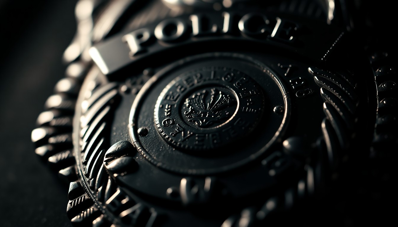An extreme close-up photograph of a police badge, with a shallow depth of field focusing on the intricate metal textures and dramatic lighting to create an intimate, serious mood conceptually representing the community-oriented policing efforts of the Norwalk Police Department.