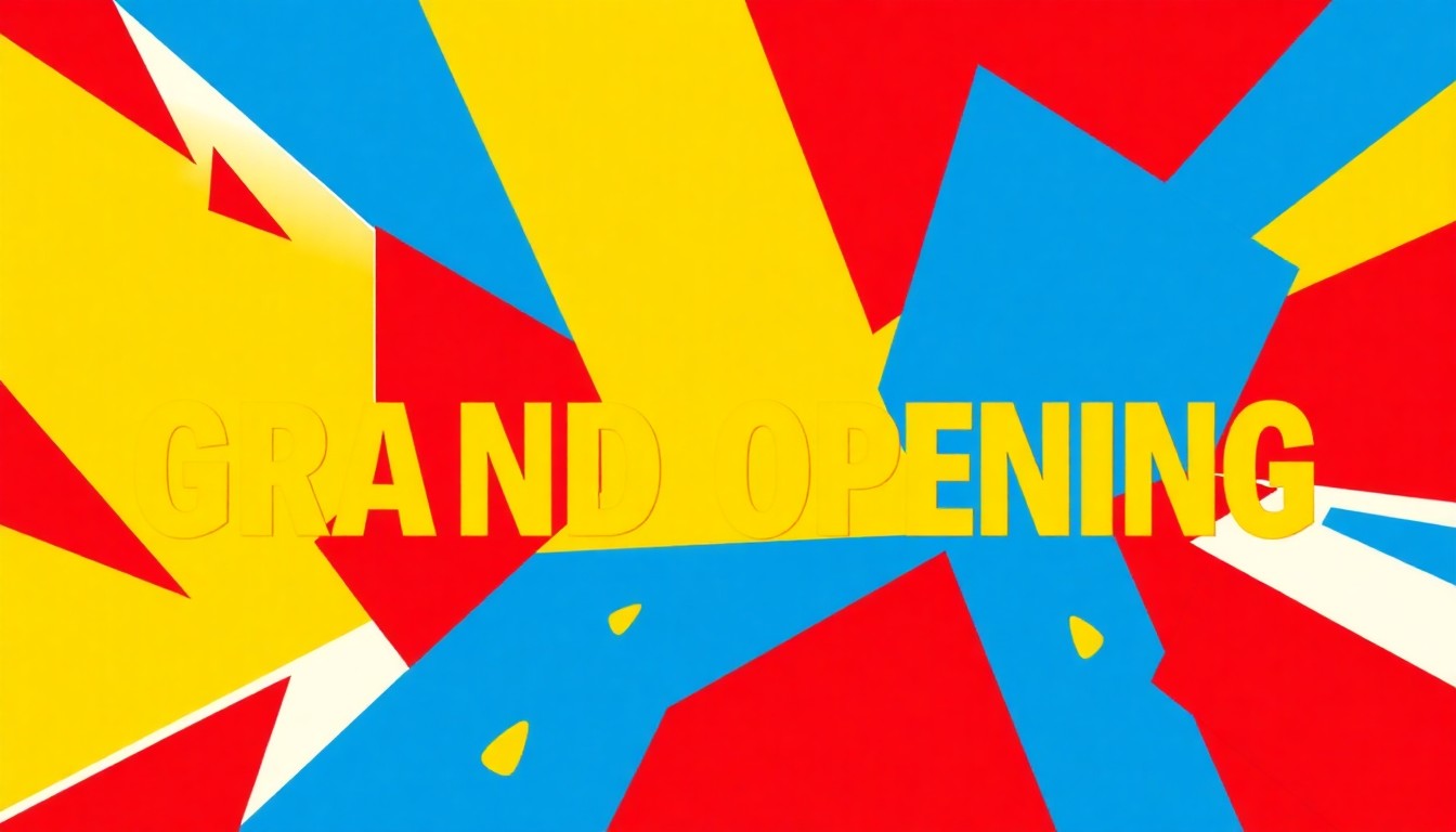 An abstract, minimalist illustration composed of striking red, yellow, and blue geometric shapes, conveying the high-energy, celebratory atmosphere of a retail grand opening event.