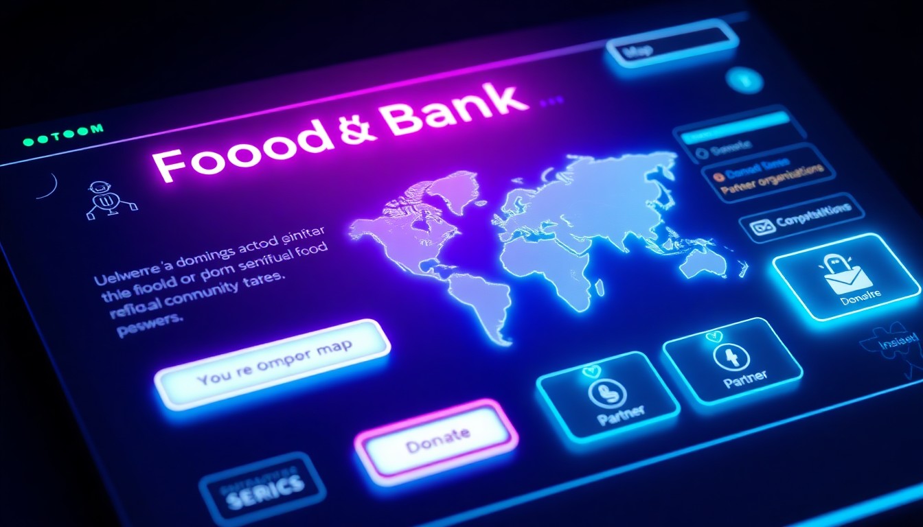 A highly detailed, glowing 3D macro illustration of a stylized food bank website interface, with neon cyan and magenta lights illuminating the interactive map, donation buttons, and partner organization icons, conceptually representing how digital tools can empower local nonprofits.