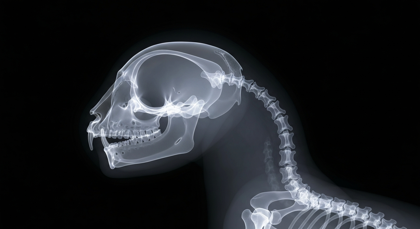 A ghostly, translucent X-ray photograph showing the skeletal structure of a cat, conveying the serious health threat of rabies through its vulnerable, fragile appearance.