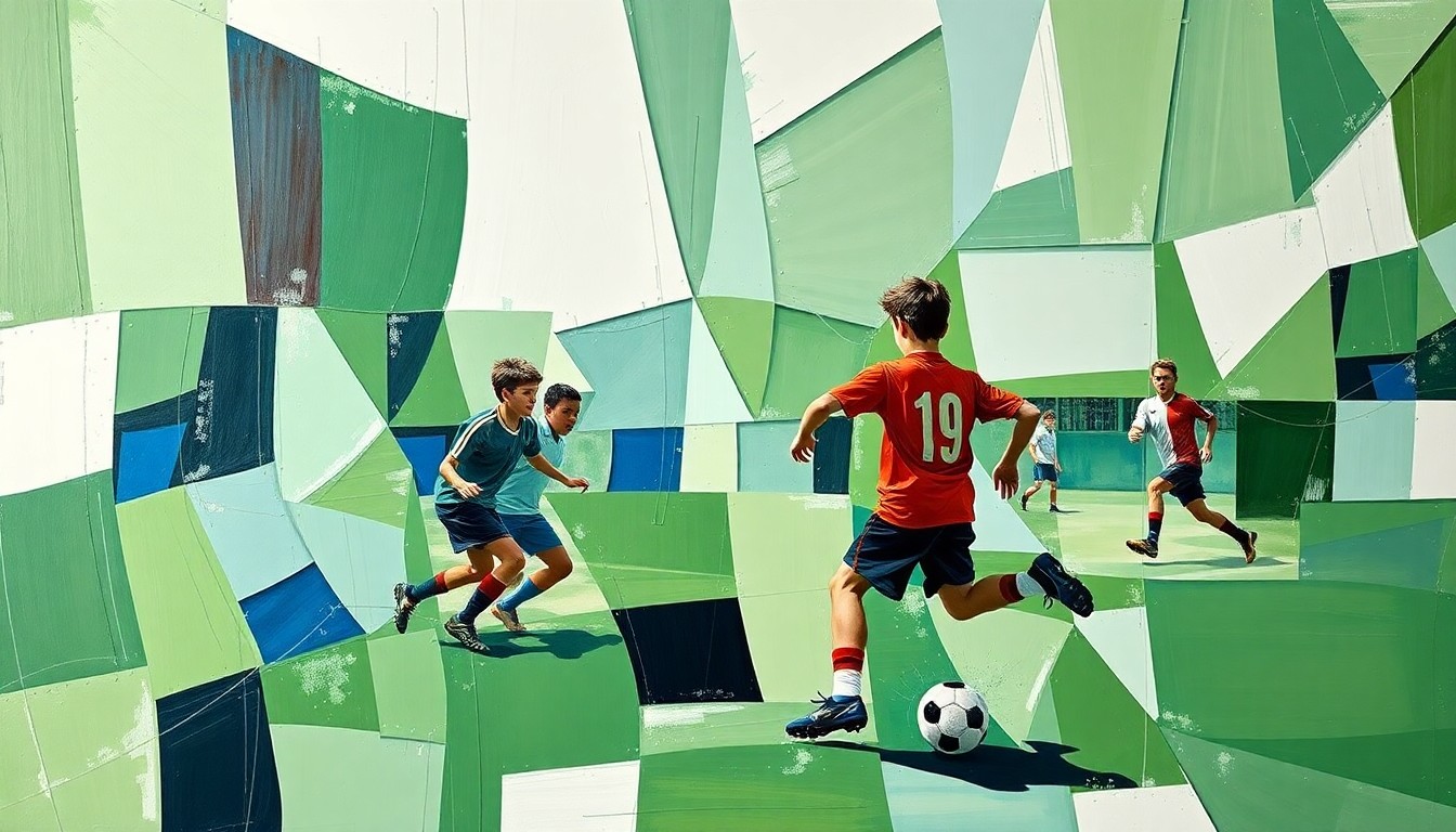 A cubist-style painting depicting a boys soccer game broken down into sharp, overlapping geometric shapes in shades of green, blue, and white, conceptually representing the fast-paced action and strategic complexity of the sport.