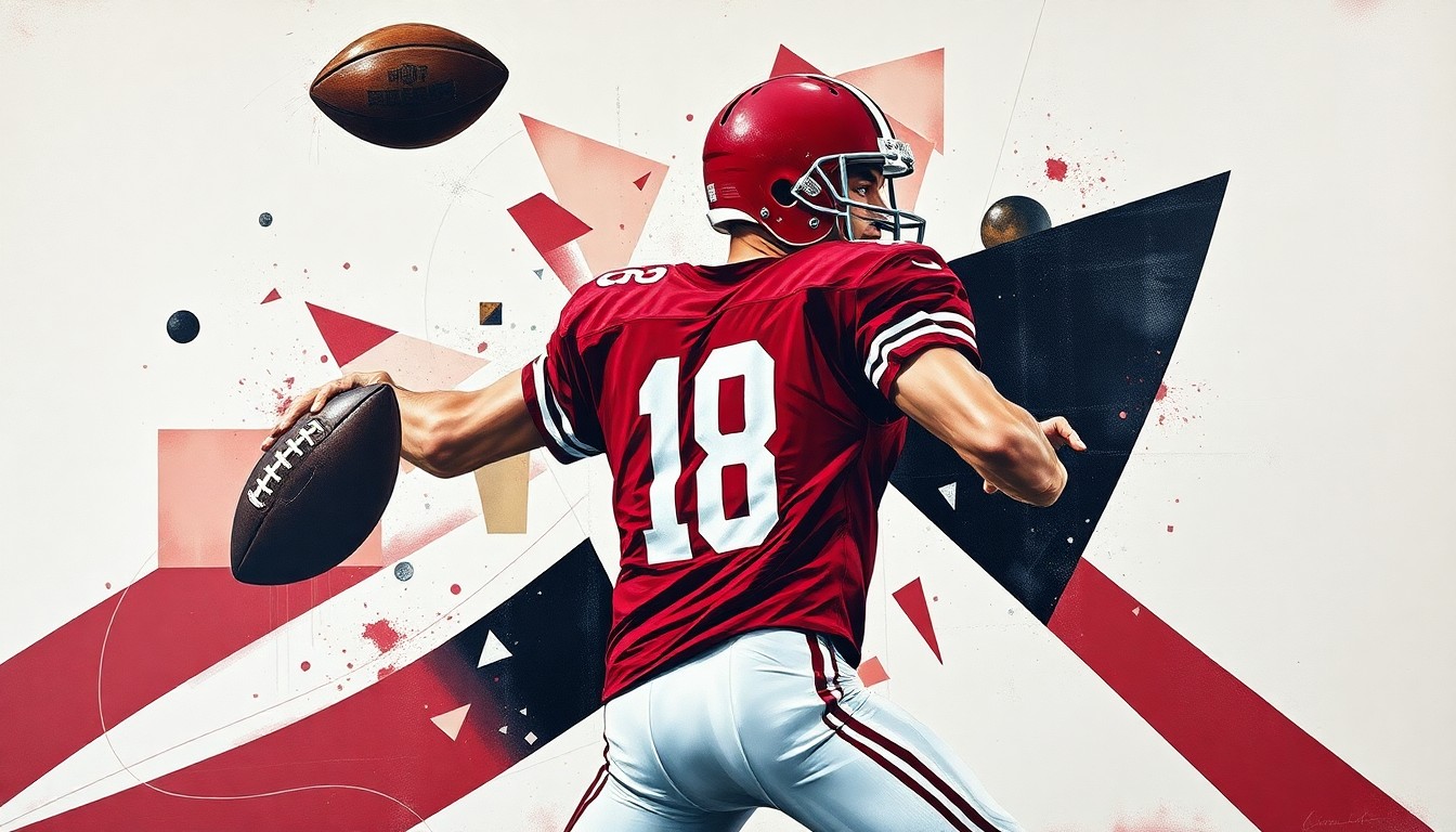 A cubist, geometric painting depicting a quarterback in motion, with the player's form broken down into sharp, overlapping planes of garnet red, black, and white, capturing the raw energy and movement of the sport.