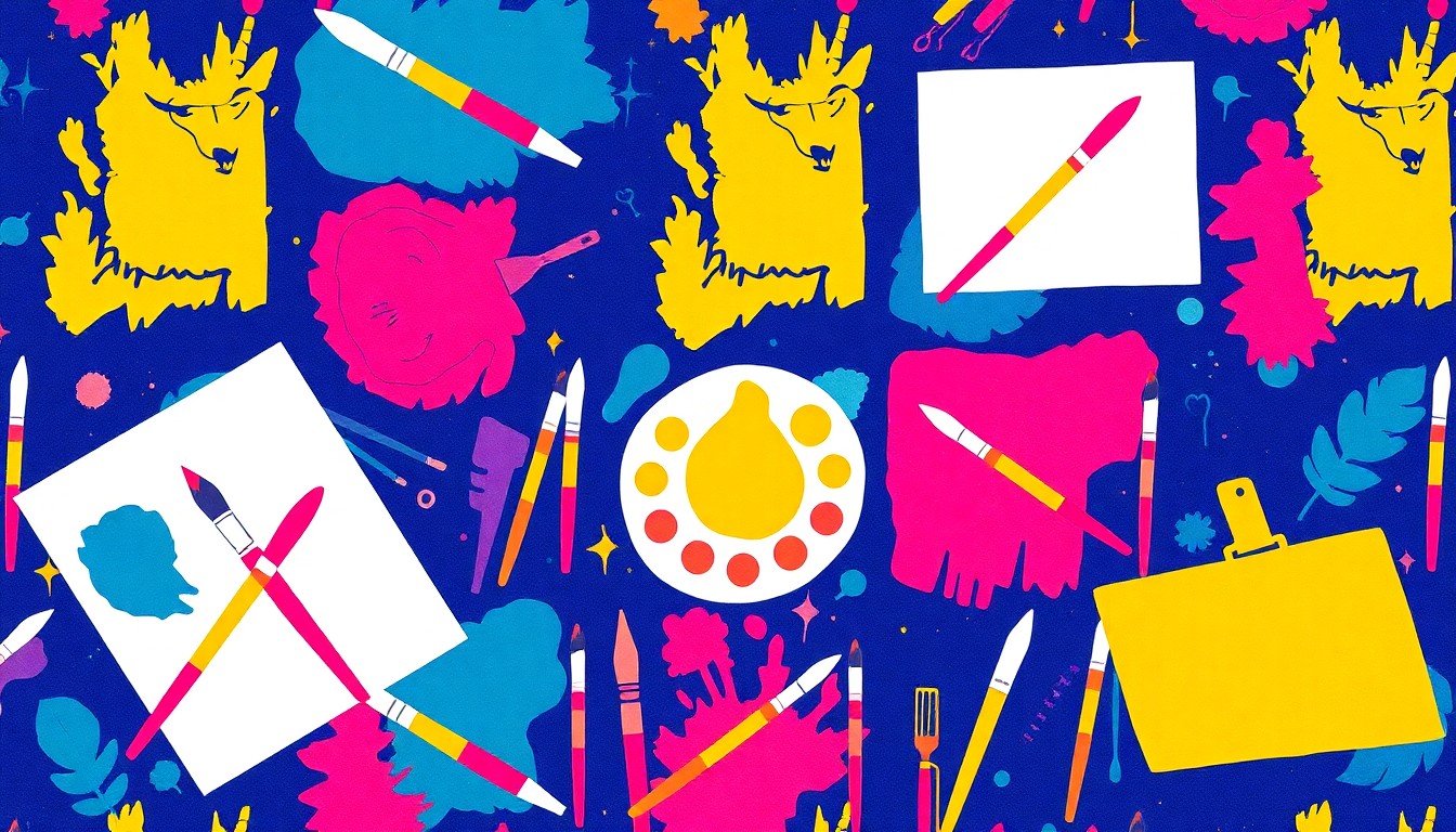 A vibrant, abstract grid of colorful silkscreen images depicting art supplies like paintbrushes, palettes, and sketchpads, conveying the energy and creativity of a local art event.