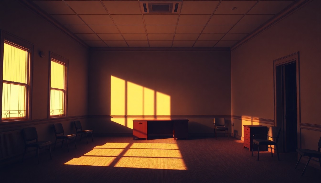 A dimly lit, cinematic painting of an empty government office space, with warm sunlight streaming in through the windows and casting long shadows across the room, creating a sense of political unease and uncertainty.