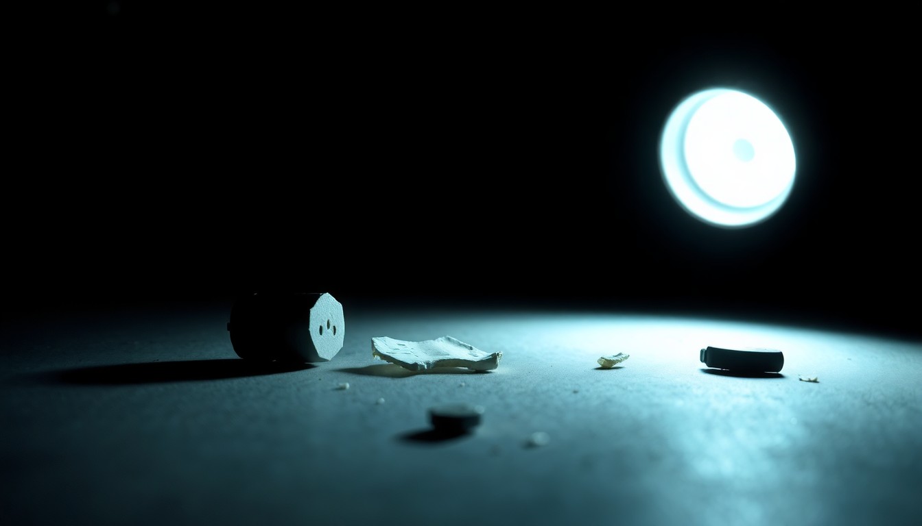 An extreme close-up photograph of a broken household object, such as a shattered vase or picture frame, lit by a harsh, direct camera flash against a pitch-black background, conceptually representing the gritty details of a crime scene investigation.