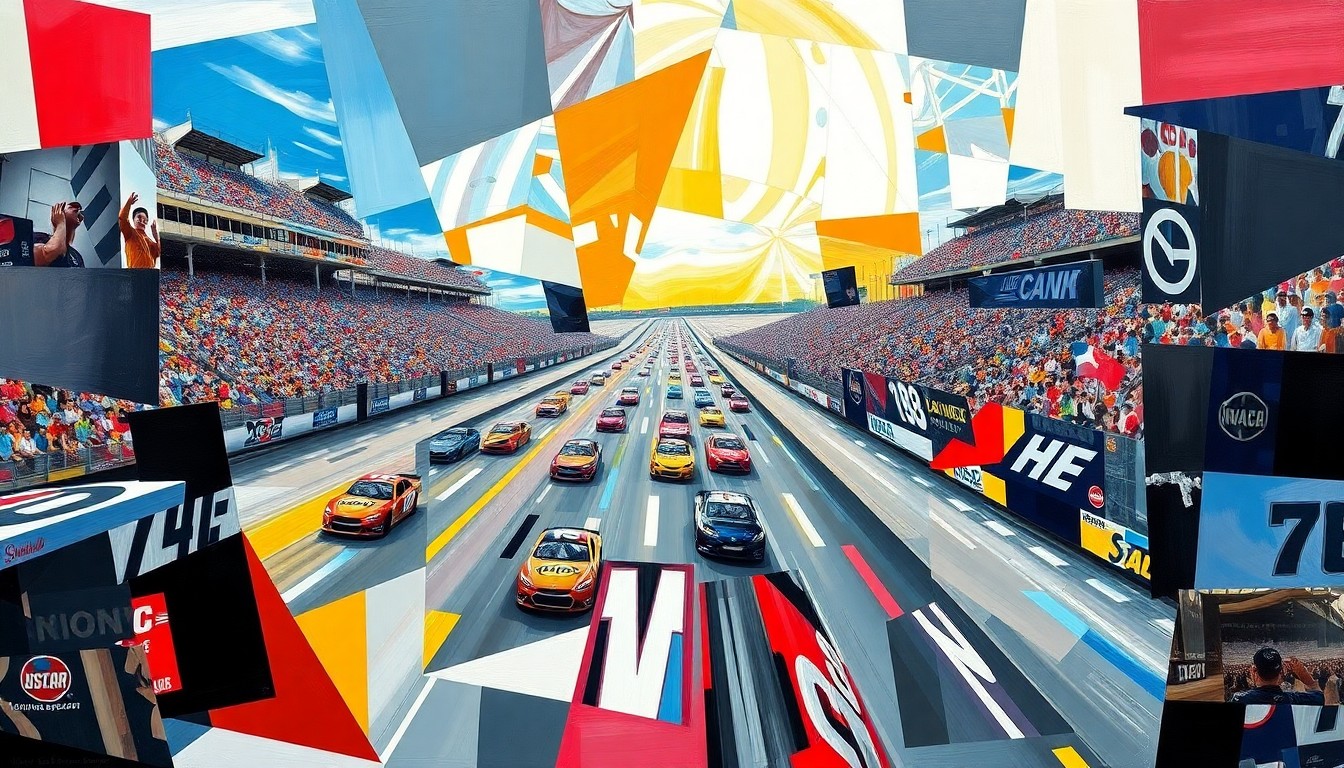 A cubist, geometric painting depicting the final laps of a NASCAR race at Martinsville Speedway, with the cars and track broken down into sharp, overlapping planes of color and abstract shapes, capturing the intensity and chaos of the closing moments.