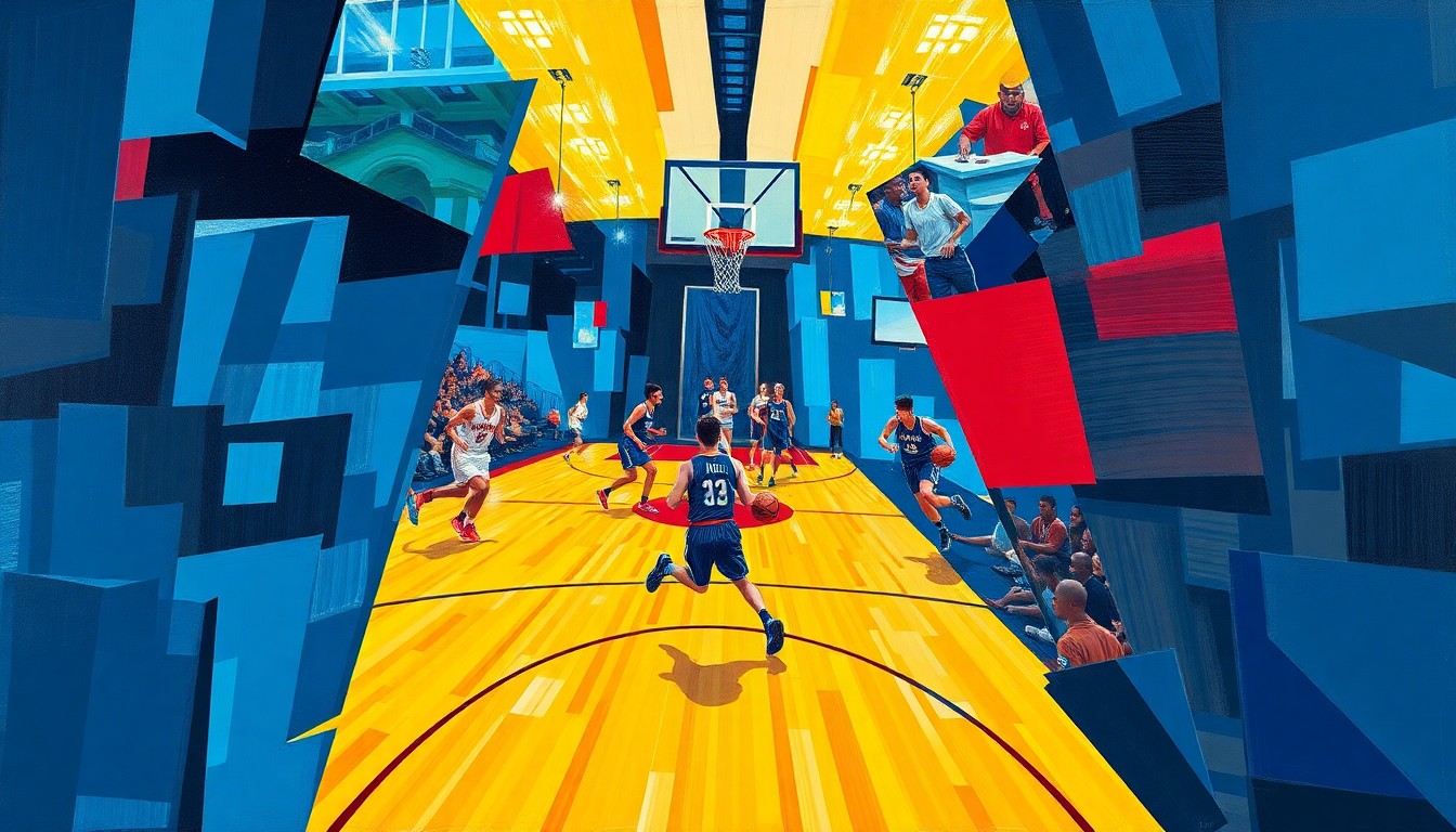 A fragmented, cubist-style painting featuring overlapping geometric planes of blue, red, and yellow, capturing the dynamic movement and energy of a high school basketball game.