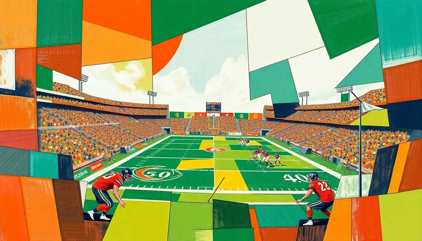A cubist, geometric painting depicting overlapping planes of football players in motion, rendered in the Hurricanes' signature orange, green, and white colors.