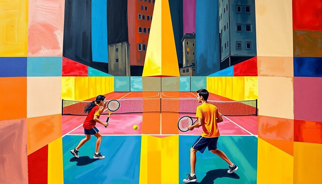 A dynamic, cubist-style painting depicting a high school tennis match, with the players and court broken down into overlapping geometric shapes in vibrant colors, conveying the energy and intensity of the competition.