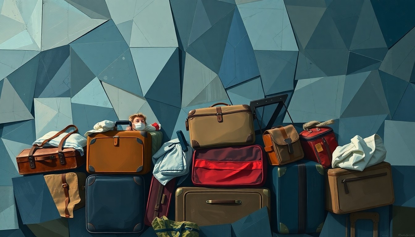 A fragmented, abstract painting in shades of blue, grey, and brown depicting suitcases and personal belongings, conveying the disruption and uncertainty faced by immigrants ordered deported to unfamiliar countries.
