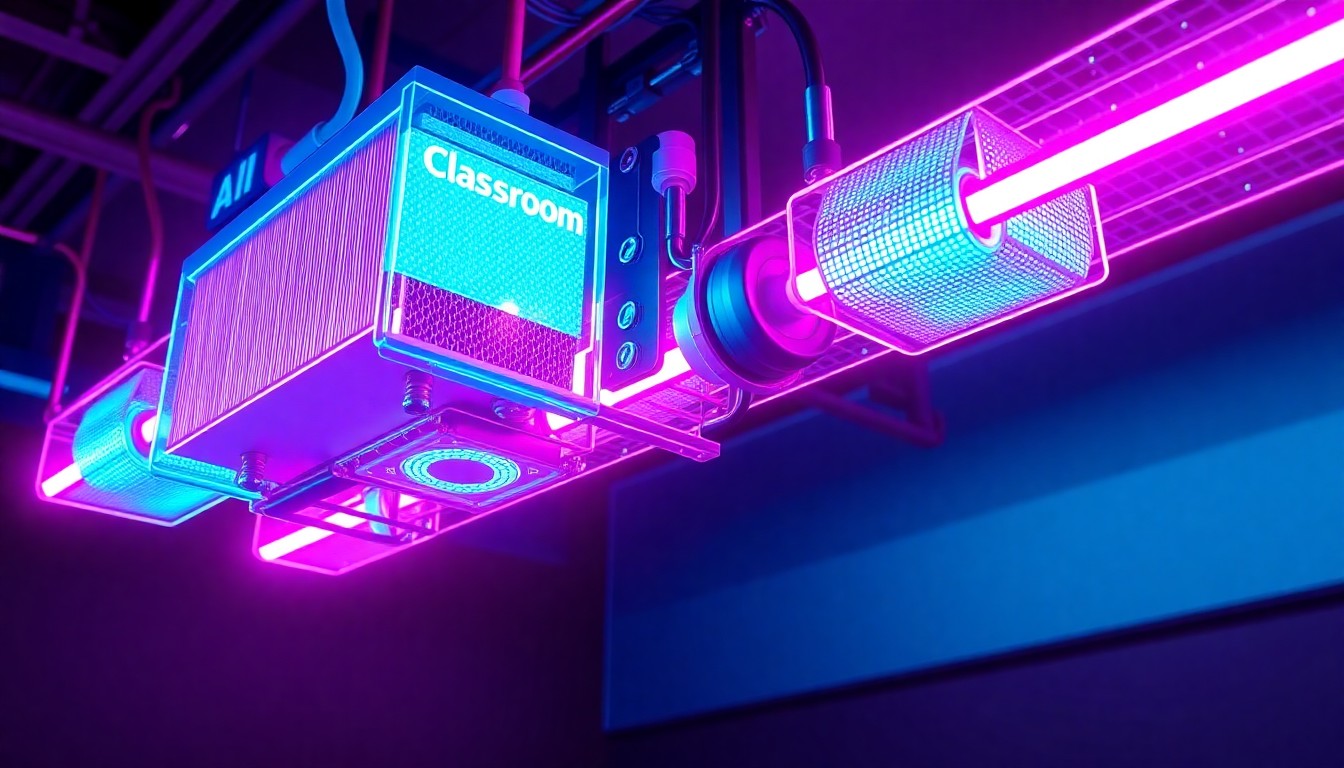 A highly detailed, glowing 3D illustration of an advanced AI-powered classroom lighting system, with neon cyan and magenta lights illuminating the hardware components, conceptually representing the innovative technology developed by Harmony Science Academy - Carrollton.