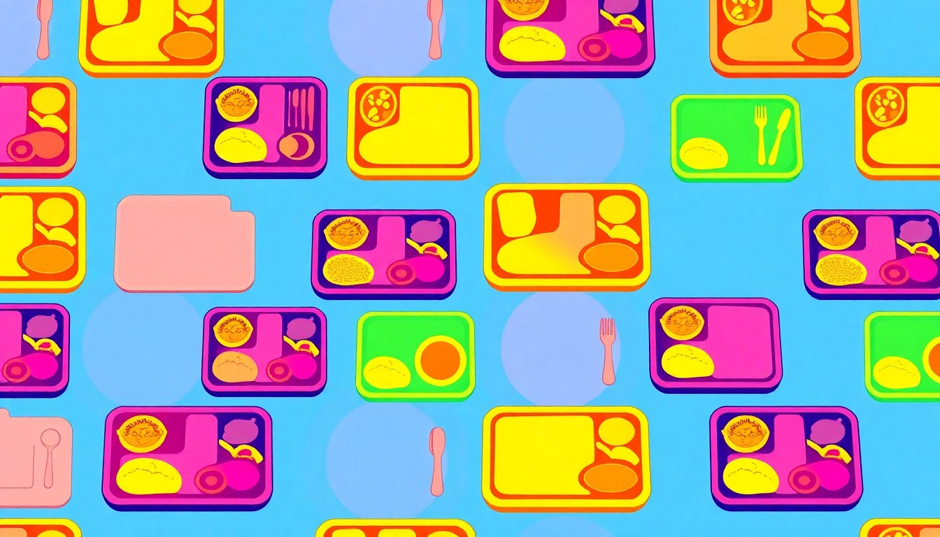 A bold, graphic illustration composed of a repeating pattern of stylized school lunch trays in vibrant neon colors, conceptually representing the financial challenges facing school meal programs.