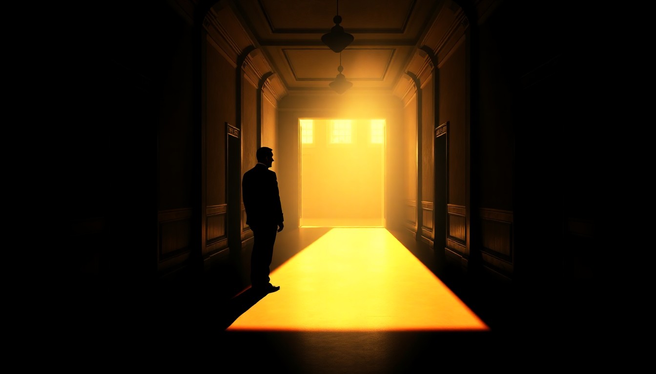A moody, cinematic painting of a lone politician standing in the shadows of an empty government building, the warm light casting dramatic shadows across the scene, conveying a sense of solitude and disillusionment.