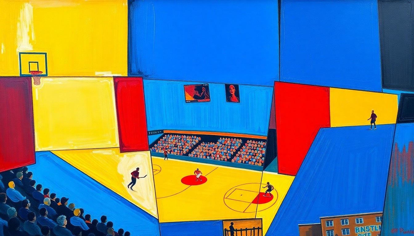 A cubist, geometric painting depicting the overlapping, fragmented action of a basketball game, hockey match, or baseball diamond, using bold colors and sharp, angular shapes to capture the intensity of the playoff races.