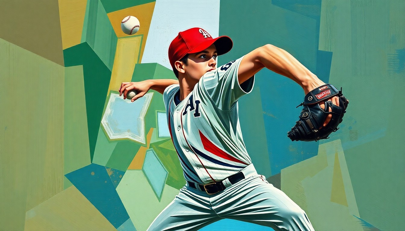 A fragmented, geometric painting depicting the throwing motion of a young baseball player, with sharp planes of color and overlapping perspectives conveying the dynamic athleticism of the sport.