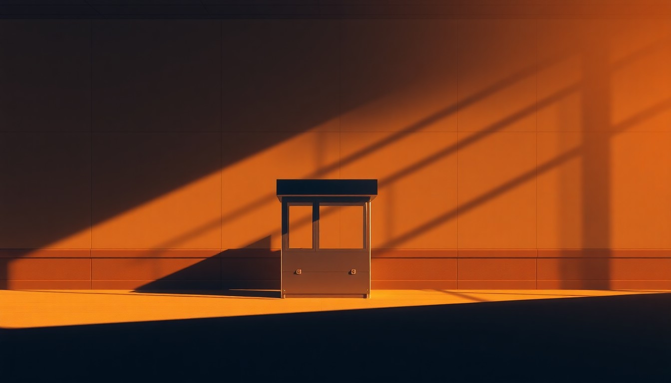 A photorealistic painting of a lone airport security checkpoint booth, its glass walls and metal frame illuminated by warm, angled sunlight casting deep shadows, creating a pensive, cinematic mood about the changing role of government in air travel security.