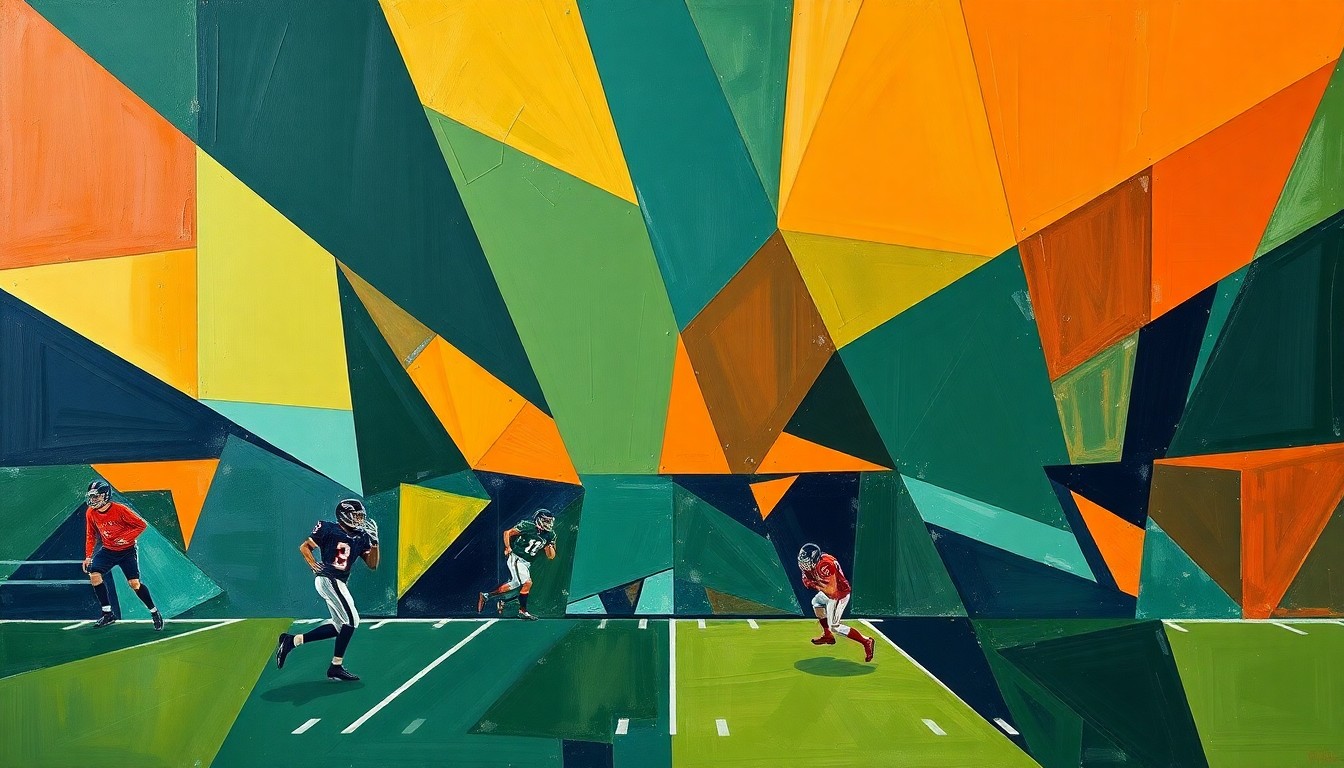 A fragmented, multi-angled painting in shades of navy, green, and orange, depicting a high school football game broken down into sharp, overlapping geometric shapes, conveying the dynamic energy and potential of the young quarterback.