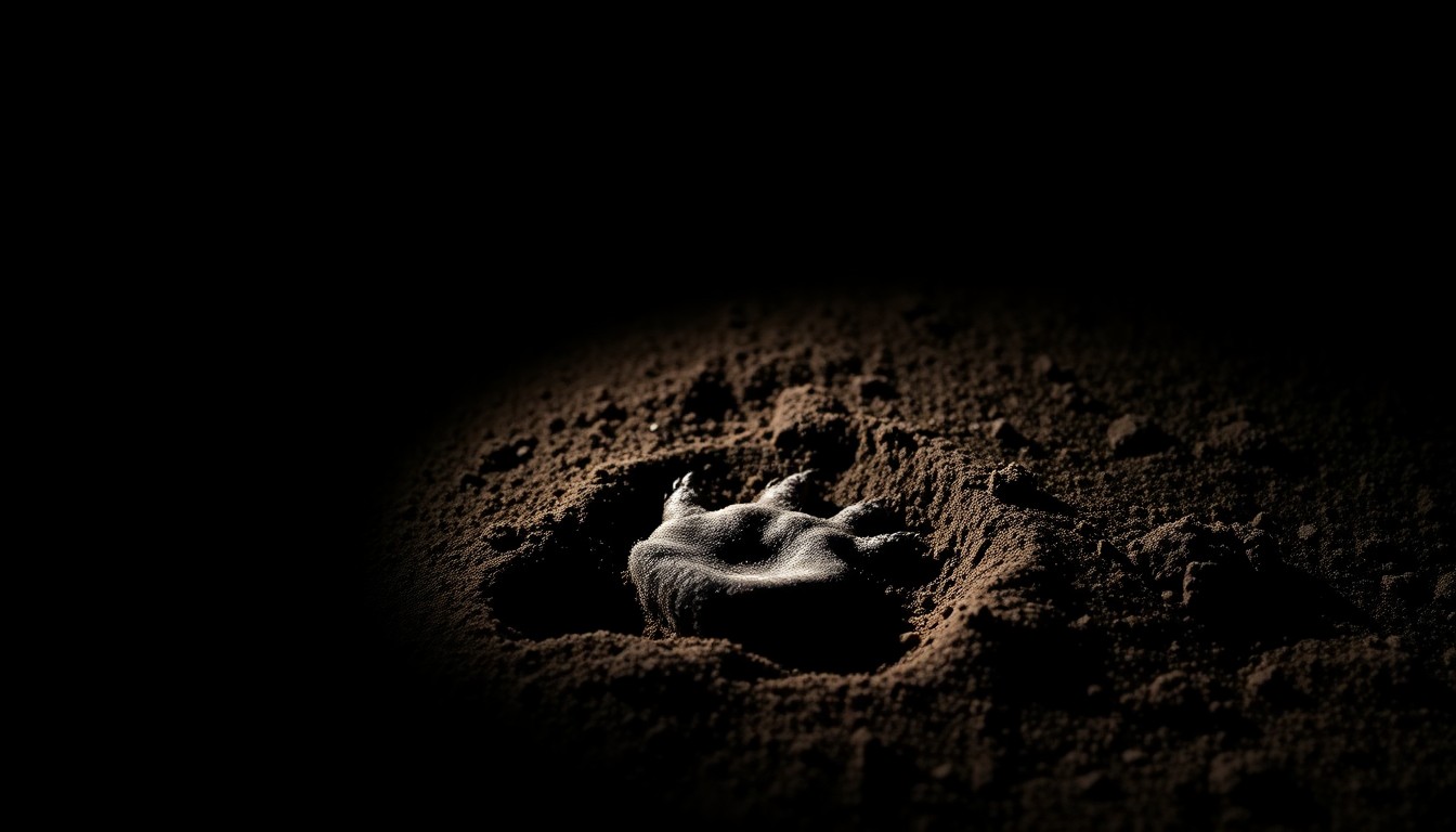 An extreme close-up photograph of a small bear cub's paw print in the dirt, captured with a harsh camera flash against a dark background to create a stark, gritty visual representation of the unexpected wildlife encounter.