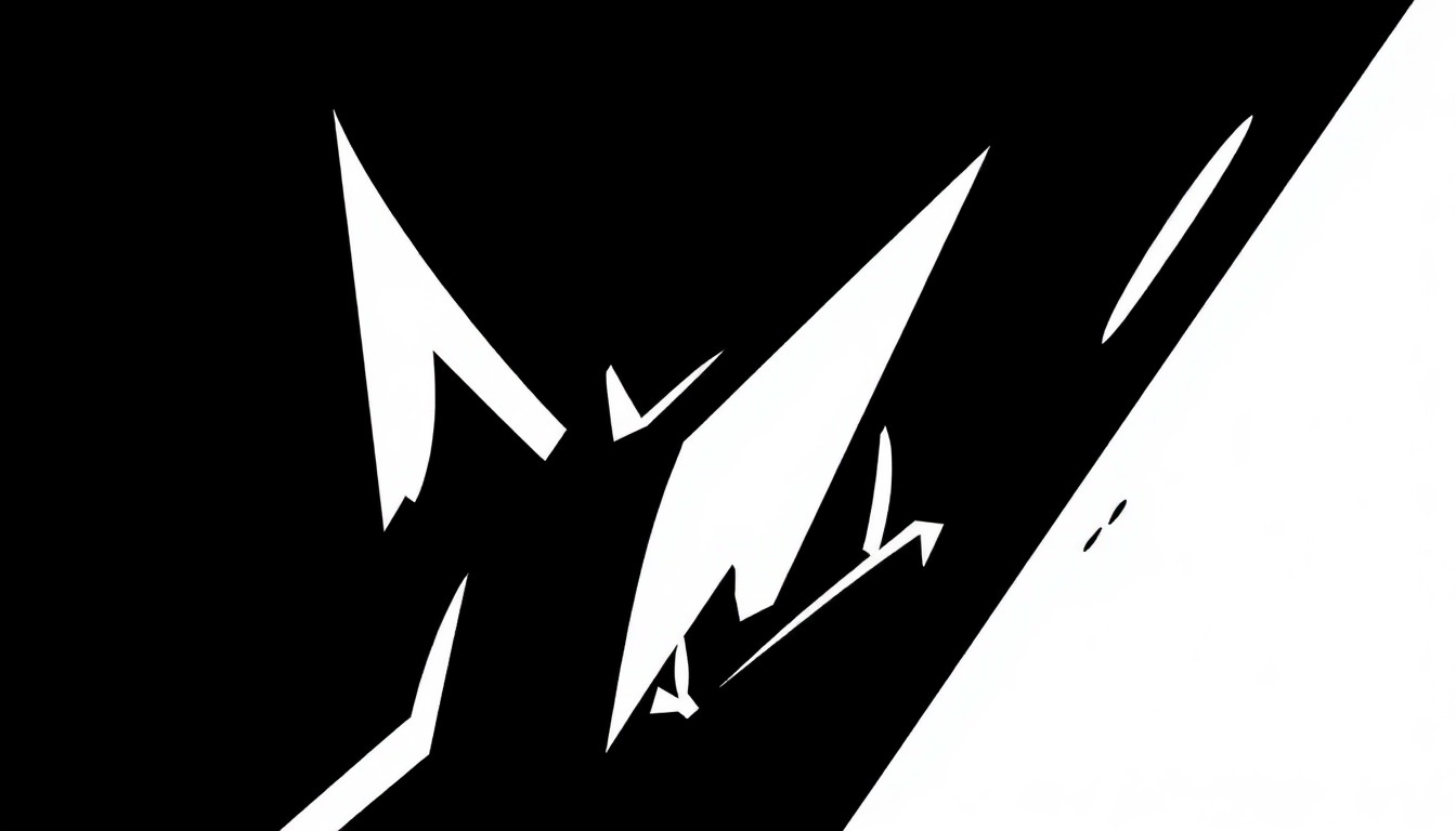 A minimalist, abstract illustration featuring sharp, angular black shapes against a stark white background, conveying a sense of futuristic mystery and high-stakes drama without depicting any specific characters or scenes.