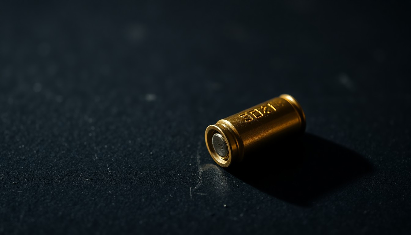 An extreme close-up photograph of a single spent bullet casing on a dark, textured surface, creating a stark, gritty, investigative aesthetic that conceptually represents the tragic aftermath of a shooting incident.