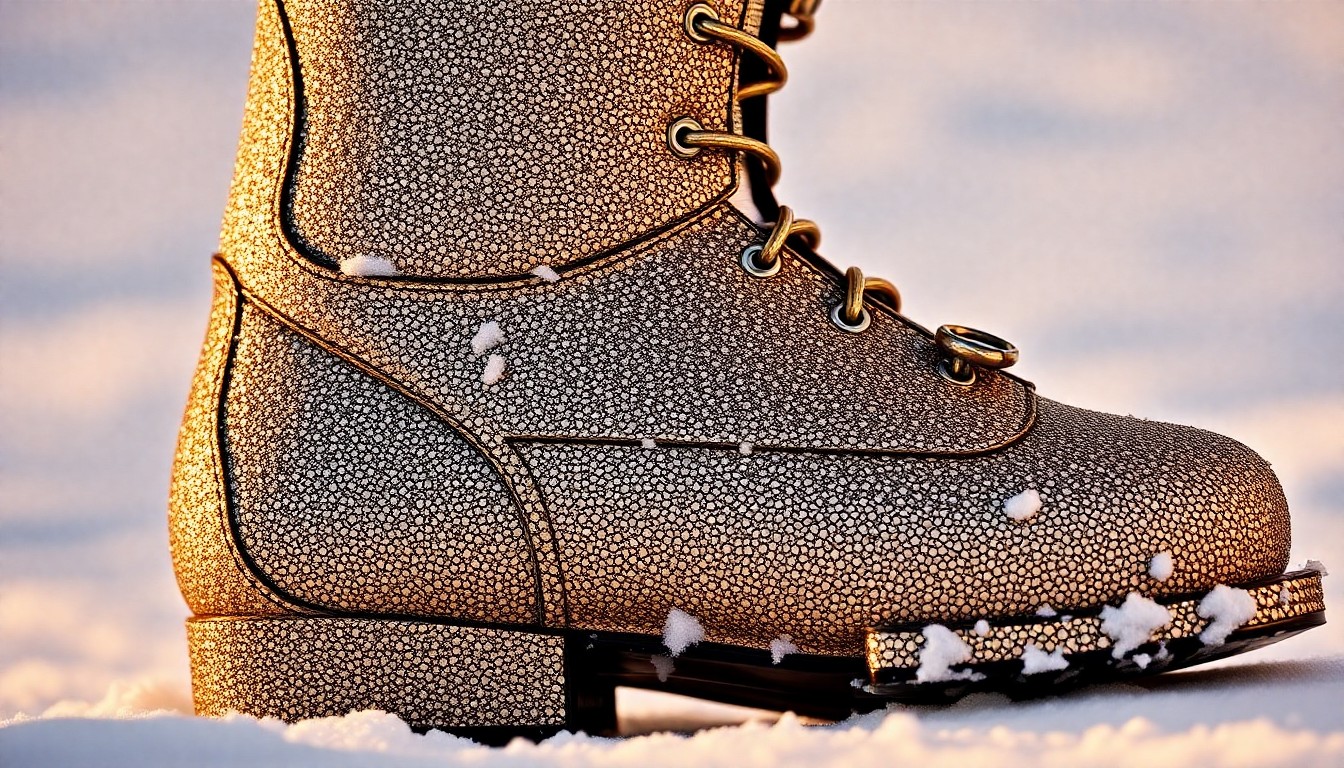 An extreme close-up photograph of a luxurious, glittering ski boot, capturing the high-end, glamorous aesthetic of a private ski resort through dramatic studio lighting and abstract texture.