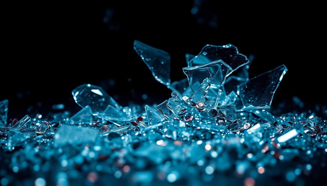 An abstract close-up image featuring shattered glass and glittering sequins in dramatic high-contrast lighting, conveying the gritty and glamorous elements of the sex trafficking industry at the center of this 'Law & Order: SVU' storyline.