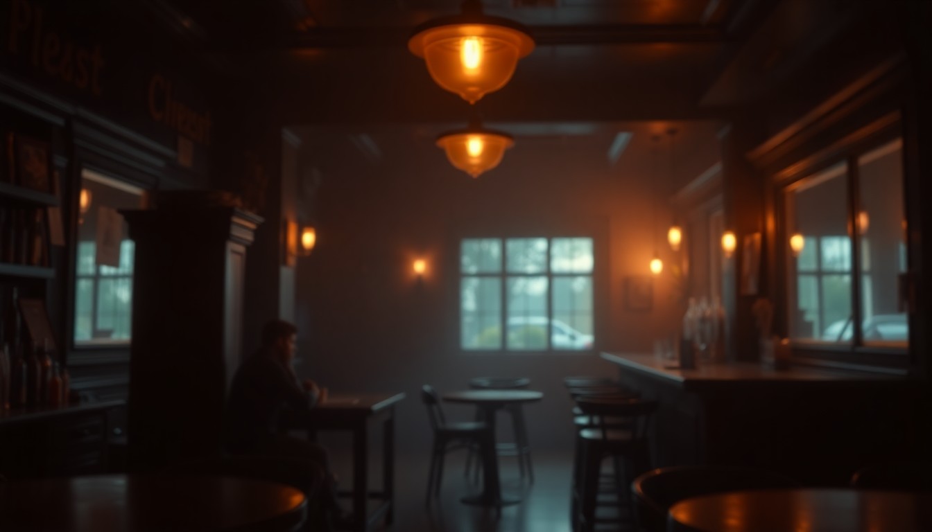 An extremely abstracted, out-of-focus photograph shot through condensation or rain-streaked glass, composed of soft, warm pools of light and color that evoke the moody, intimate atmosphere of a hidden speakeasy-style bar.