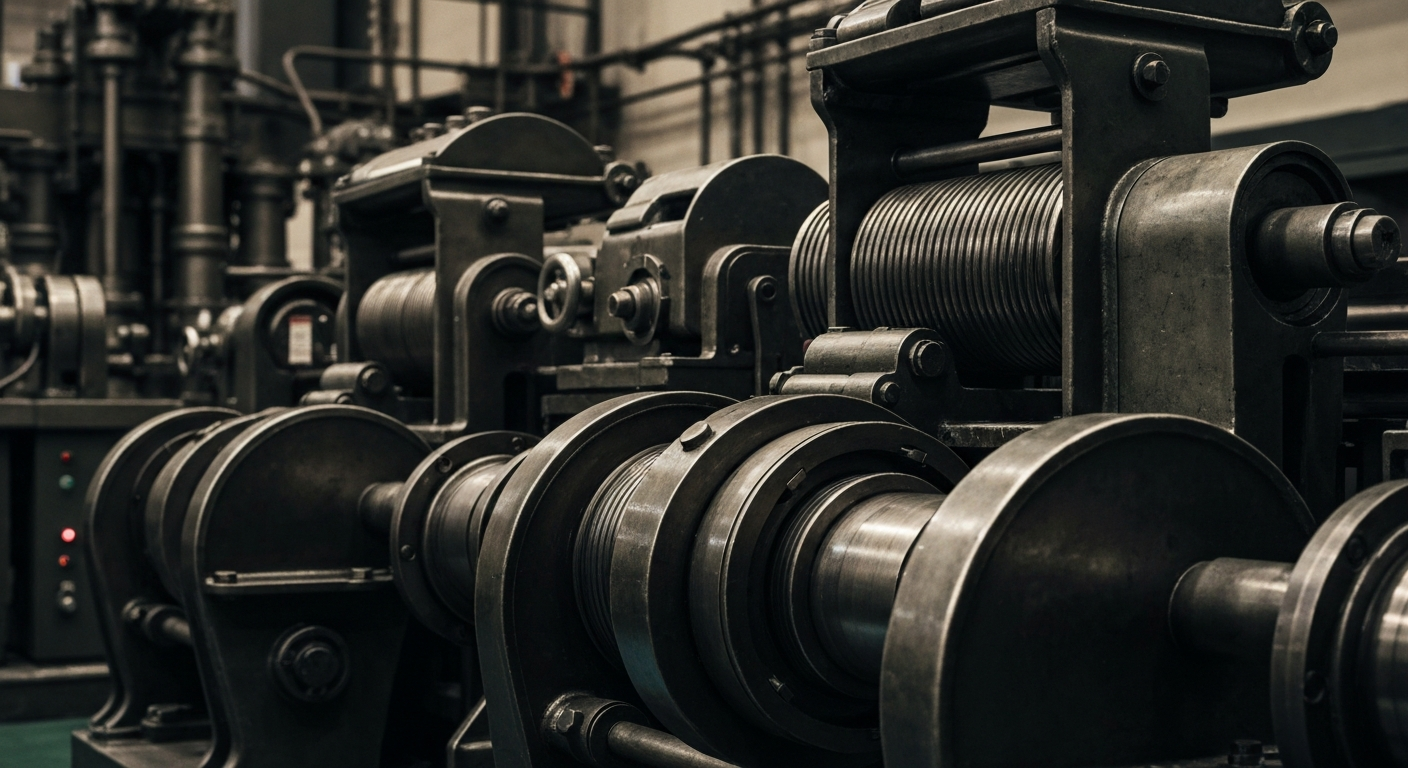 An extreme close-up of gears, levers, and other heavy industrial banking equipment, conveying a sense of financial security and institutional power through tangible, physical machinery.