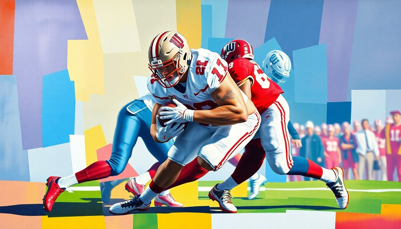 A cubist, geometric painting depicting an Indiana football defensive lineman making a tackle, with the player's body fractured into sharp, overlapping planes of color.