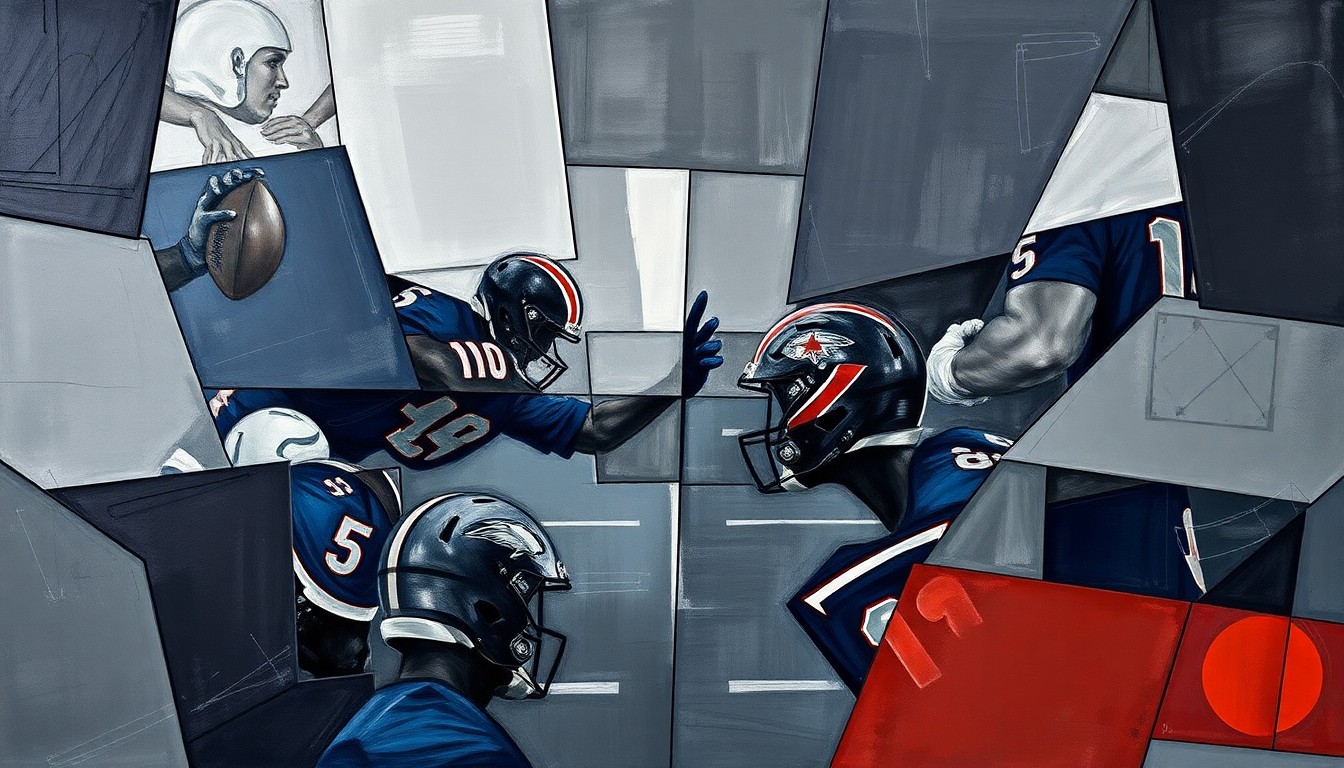 A fragmented, cubist-style painting depicting a football game or contract negotiation broken down into sharp, angular geometric shapes in muted tones, conceptually representing the complex, multifaceted nature of NFL business dealings.