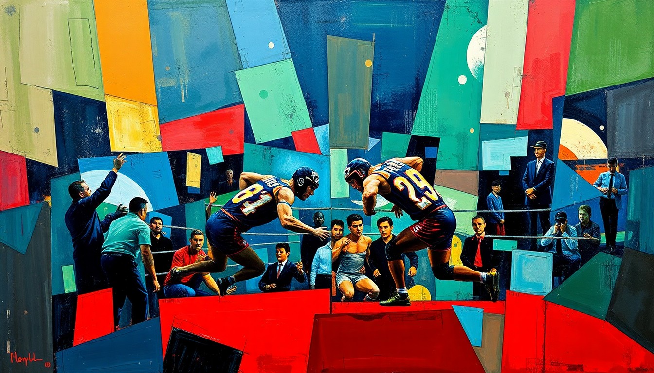 A cubist, geometric painting depicting a wrestling match or competition, with sharp, overlapping planes of color representing the dynamic movements and perspectives of the sport.