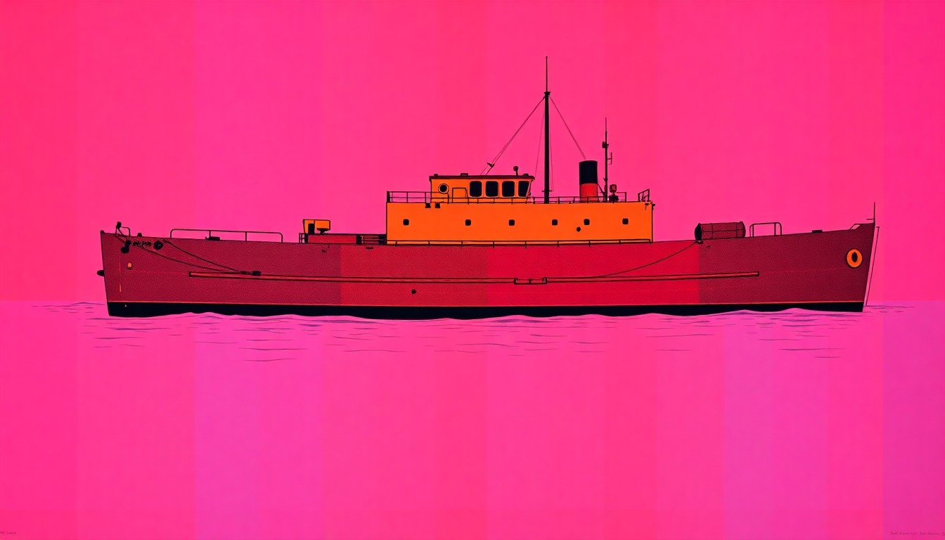 A bold, colorful silkscreen print featuring a repeated image of a vintage World War II-era boat in a grid pattern, rendered in a vibrant, high-contrast pop art style reminiscent of Andy Warhol's iconic screenprints.