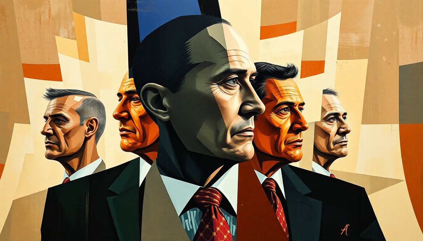A cubist-style painting featuring overlapping geometric shapes and planes in shades of blue, orange, and green, conceptually representing the changes to LSU's basketball coaching staff.