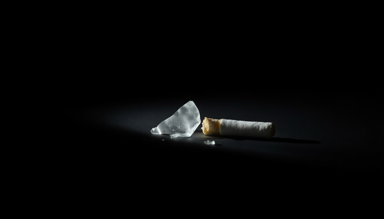 An extreme close-up photograph of a single piece of crime scene evidence, such as a broken glass shard or a discarded cigarette butt, lit by a harsh, direct camera flash against a pitch-black background, conceptually illustrating the gritty details of a homicide investigation.