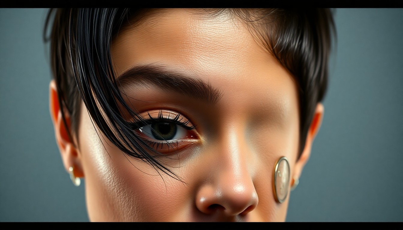 An extreme close-up photograph of Zendaya's wet, slicked-back bixie hairstyle, featuring crunchy, matted-down texture and a single strand falling over her eye, captured in dramatic, high-contrast studio lighting to create a glitzy, high-fashion aesthetic.