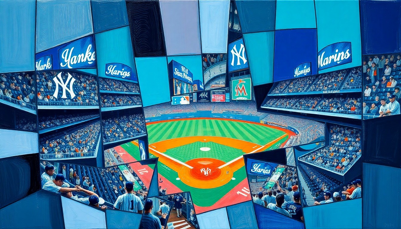 A cubist, geometric painting depicting a baseball game between the New York Yankees and Miami Marlins, with the players and field broken down into sharp, overlapping planes of color.