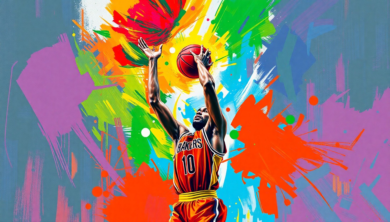 An abstract, neon-colored expressionist painting depicting a basketball player mid-jump shot, with the ball appearing to burst forth from the canvas in a vibrant explosion of color. The player's face and jersey are obscured by the energetic brushstrokes, capturing the raw emotion and intensity of the game-winning moment.