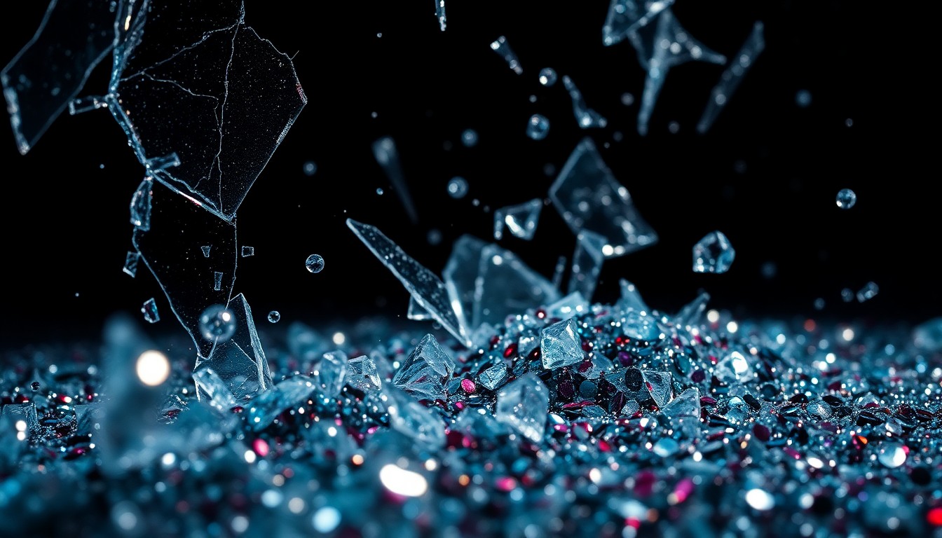 An extreme macro photograph featuring a dramatic, high-contrast composition of shattered glass and glittering sequins, conveying the glamorous yet gritty tone of the 'Your Friends & Neighbors' series.
