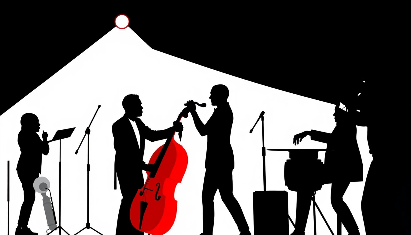 An abstract, minimalist illustration featuring bold, jagged black silhouettes of musical instruments against a vibrant red and white background, conceptually representing the energy and artistry of jazz performance.