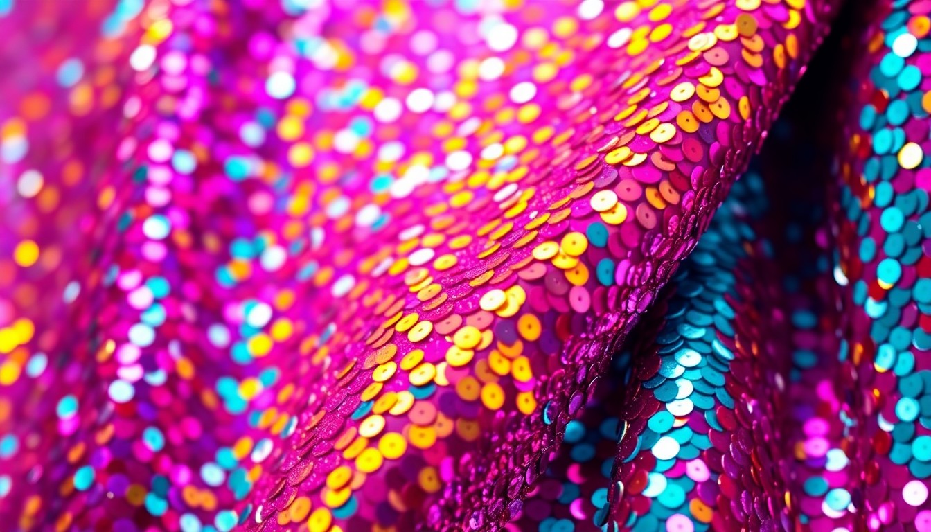 An abstract close-up photograph of shimmering, textured fabric in bold, jewel-toned colors, evoking the glamour and energy of the music industry.
