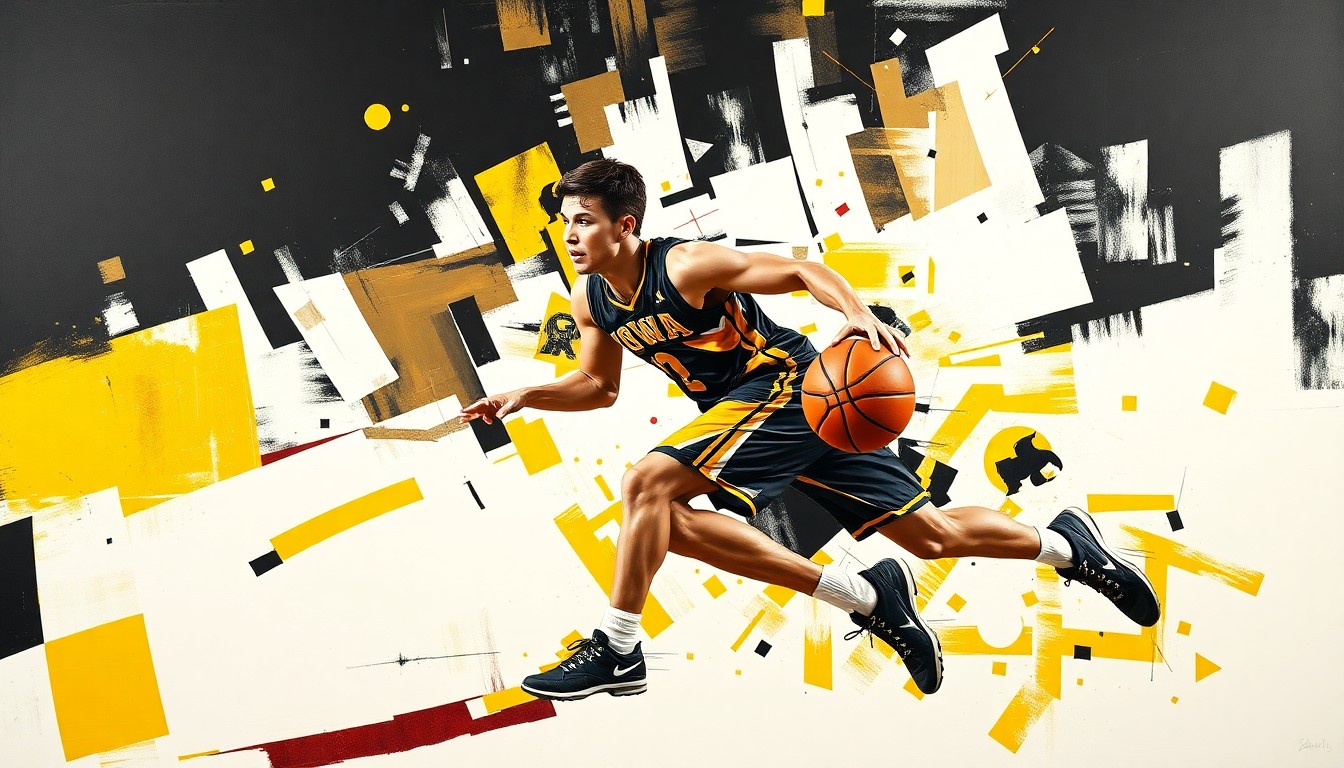 A cubist, geometric painting depicting a high school basketball player in motion, with sharp, overlapping planes in Iowa's team colors of black, gold, and white, conveying the dynamic energy of the sport.