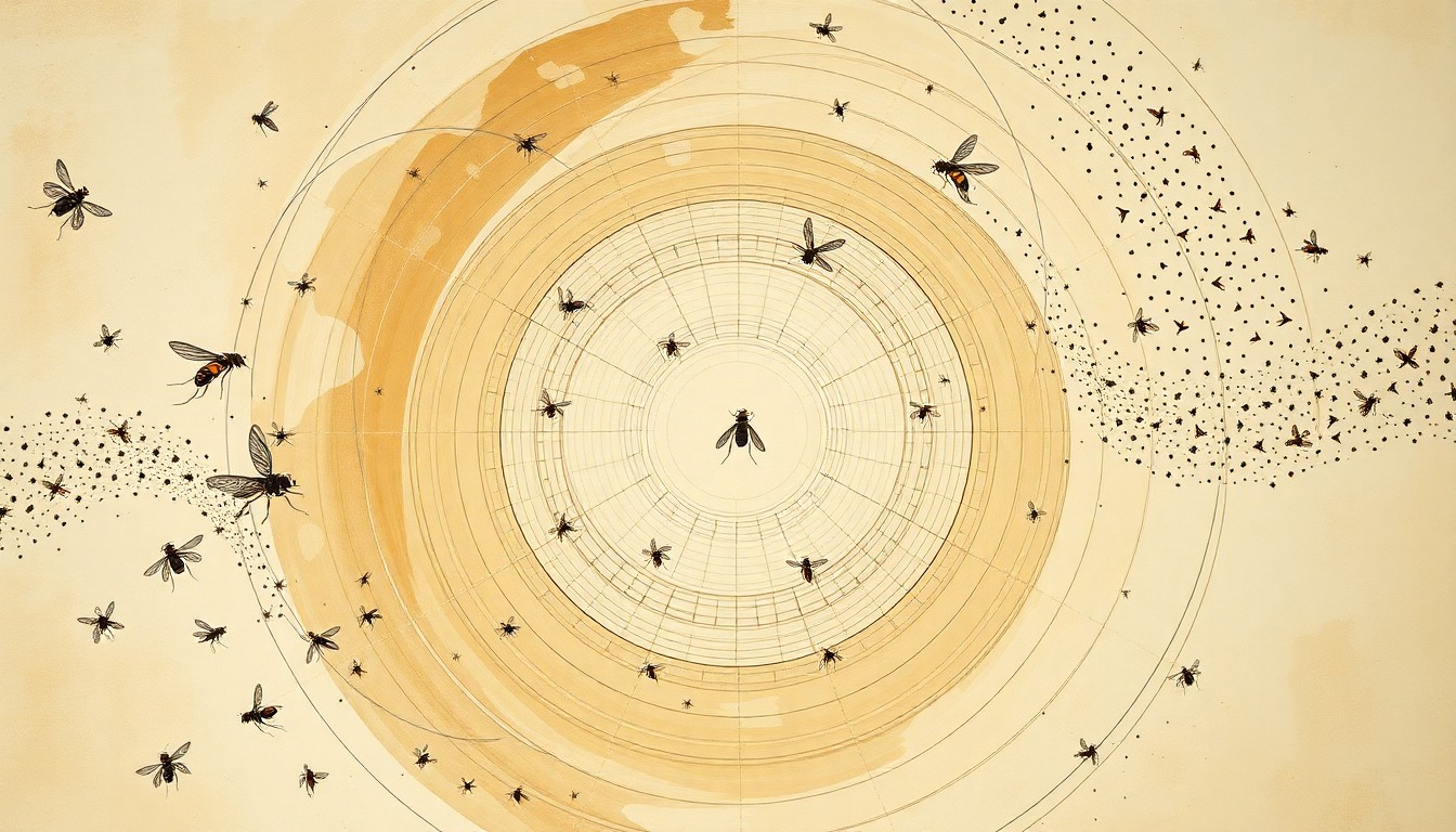 A bold, abstract painting in muted earth tones featuring sweeping geometric shapes, concentric circles, and precise botanical spirals, conceptually representing the intricate sensory triggers that govern mosquito behavior.