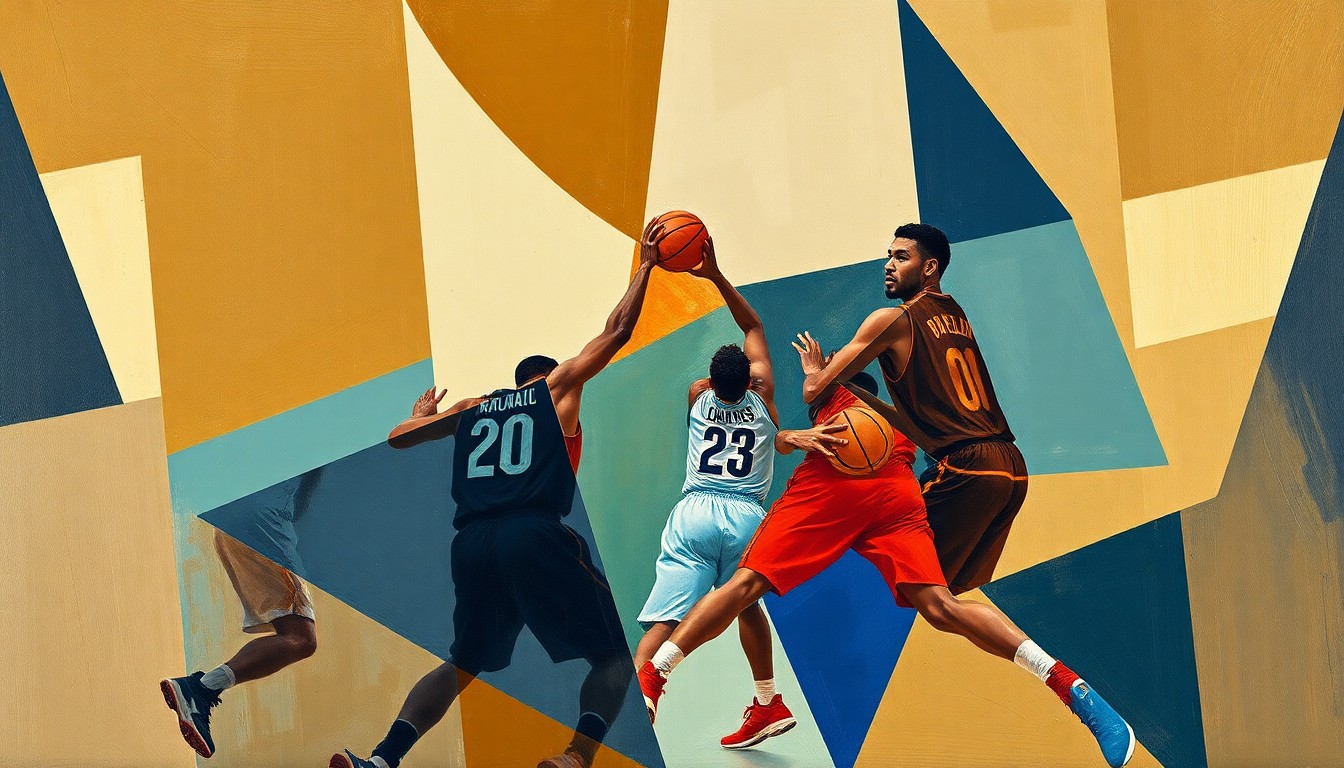 A cubist, geometric painting depicting the fragmented forms of basketball players in motion, with their bodies and the court broken down into overlapping planes of earthy colors, conceptually representing the significant roster changes facing the Boise State men's basketball team.